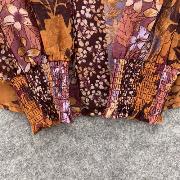 Avara Womens Patchwork Floral Long Balloon Sleeve Top Size S Orange Purple Fall - Picture 9 of 9